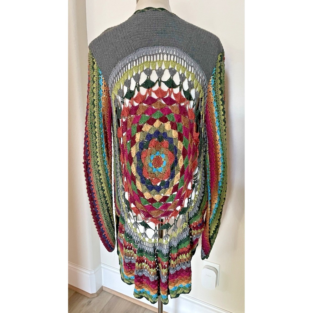 Forever 21 Boho Festival Multicolor Crochet Cardigan Sweater Sz Lg READ